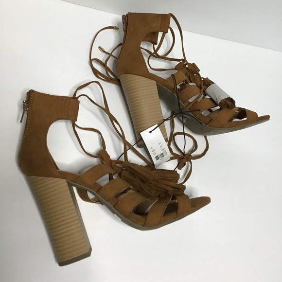 Cognac peep toe suede Strappy fringe block heels 7 - Picture 3 of 5